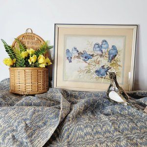 4 Piece VINTAGE Blue & Yellow Boho Wicker Bird Home Decor Curated Bundle